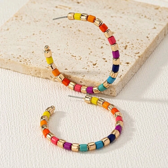 🍉5 for $25* Rainbow Bead Hoop Earrings - Picture 2 of 3